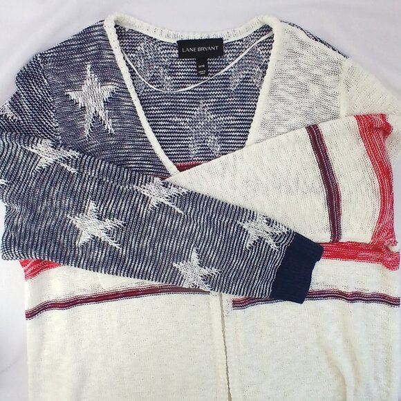 Lane Bryant Cream Beige Blue Red Open Front 4th of July Cardigan w/ Tassels EUC - Picture 3 of 6